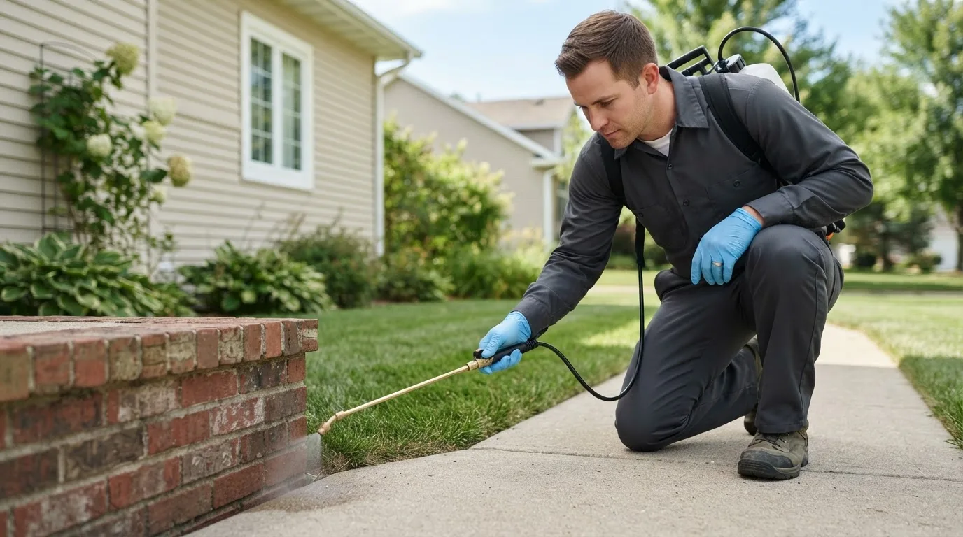 Pest control technician treating a home near Whiteland, IN